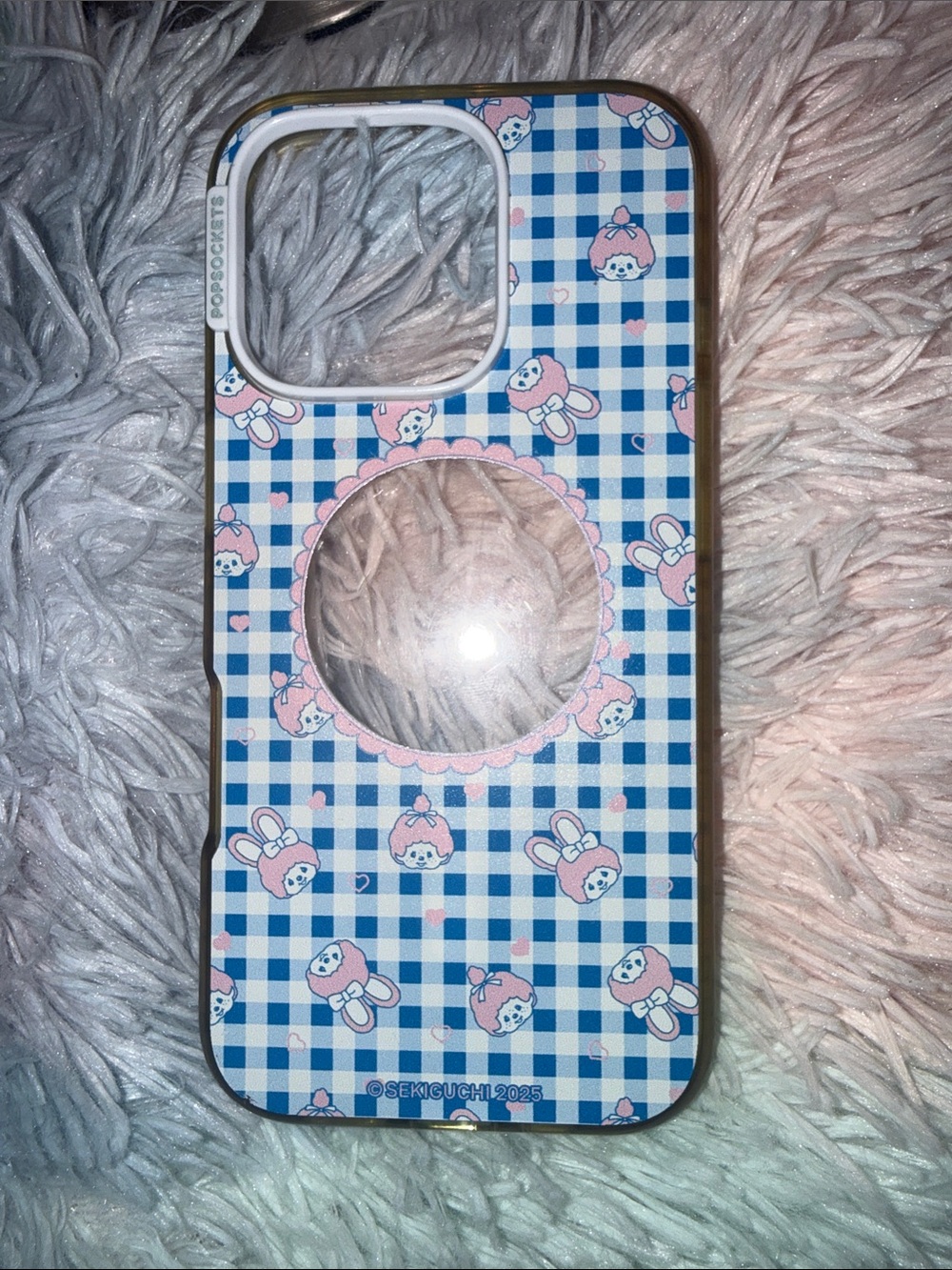 Monchhichi Blue Gingham Pink Character Phone Case with MagSafe pop socket